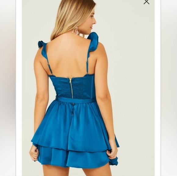 Altar'd State Small Blue Corset Satin Tiered Mini Melney Dress - Picture 16 of 17